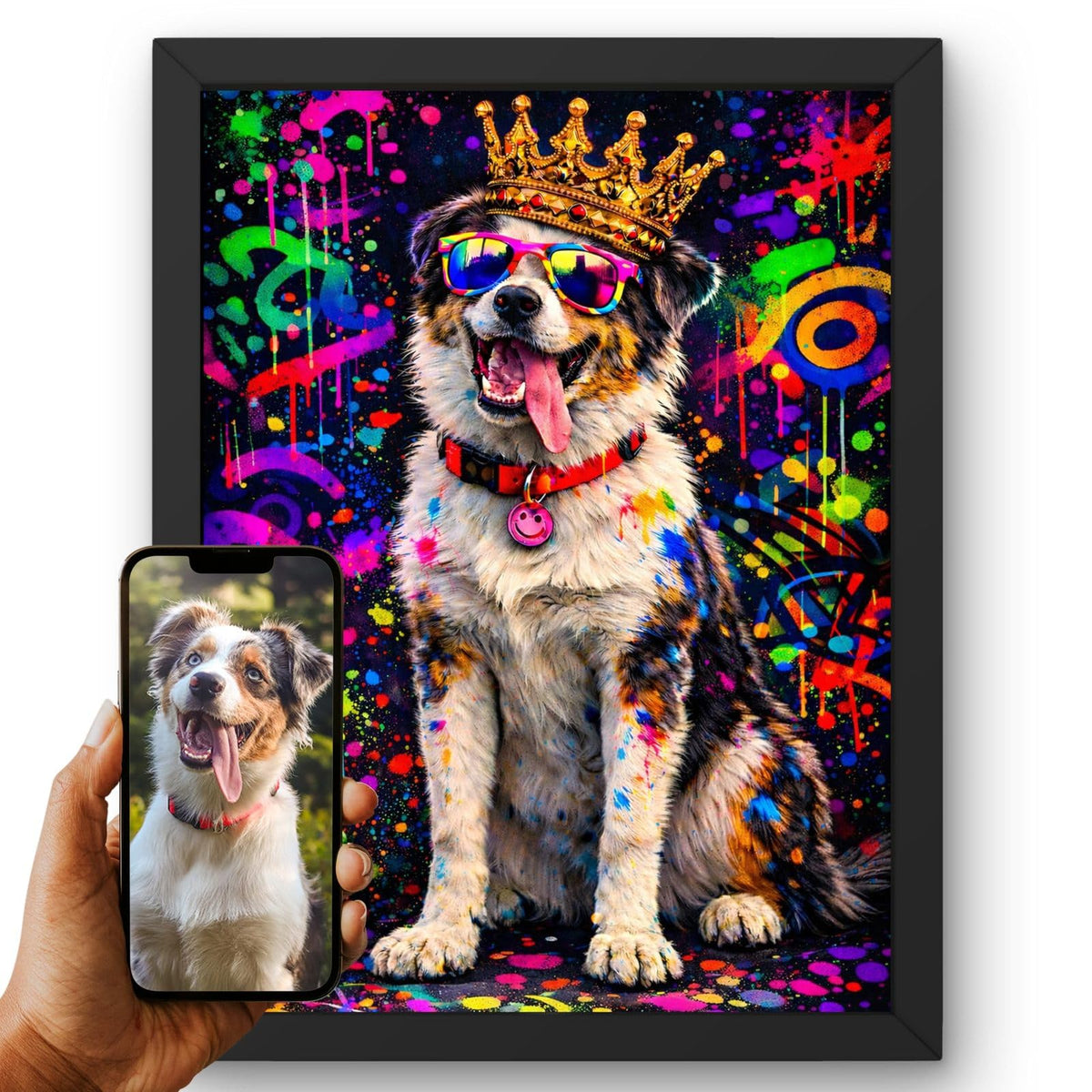 Création personnalisée : vous envoyez la photo de votre chien, elle devient un portrait night fluo street art, graffitis fluo sur fond noir, imprimé en cadre noir puis livré chez vous (exemple)
