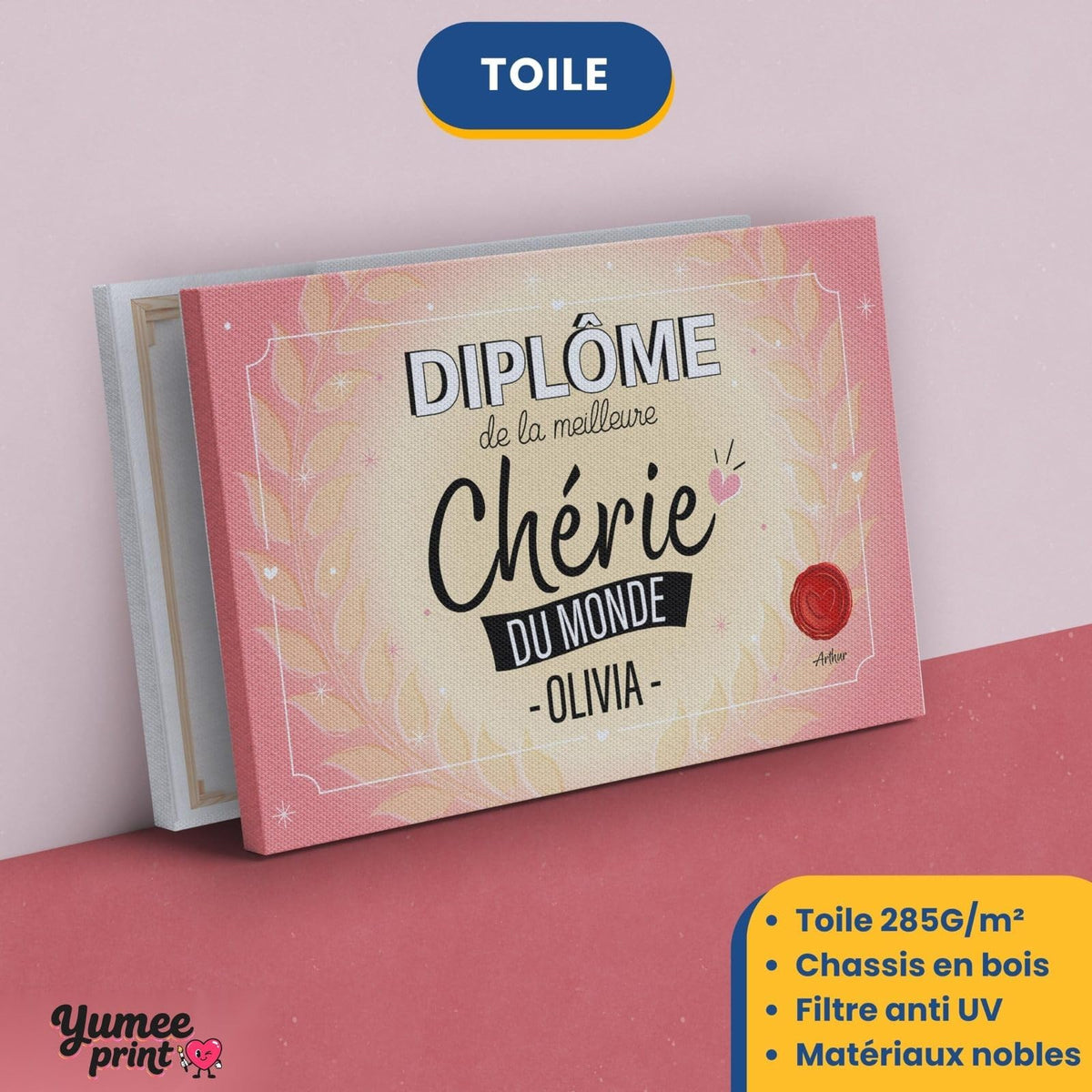 Diplôme « de la meilleure chérie du monde » sur toile canvas tendue sur châssis en bois, avec son prénom et votre signature, imprimé puis livré chez vous (exemple)