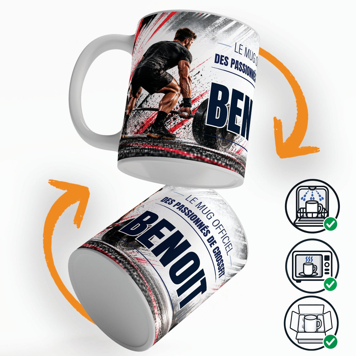 Mug façon CrossFit personnalisé qui tourne sur lui-même, avec trois pictogrammes : lave-vaisselle, micro-ondes et mug calé dans son emballage pour la livraison chez vous (exemple)
