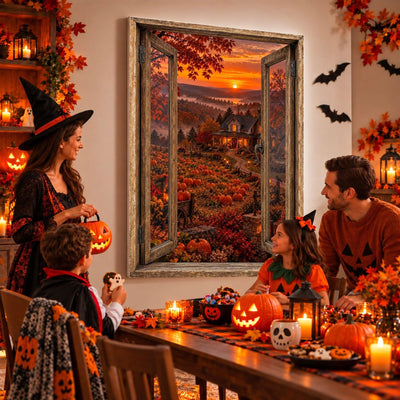 Idée d'usage : un goûter d'Halloween devant la ferme d'automne, sa charrette et ses citrouilles, sur toile ou plexiglas en 60 x 40 cm, 80 x 60 cm ou 120 x 80 cm, fenêtre au choix, livré (exemple)