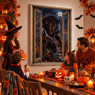 Idée d'usage : un goûter d'Halloween devant le loup-garou au pelage hérissé et aux crocs sortis, sur toile ou plexiglas en 60 x 40 cm, 80 x 60 cm ou 120 x 80 cm, fenêtre au choix, livré (exemple)