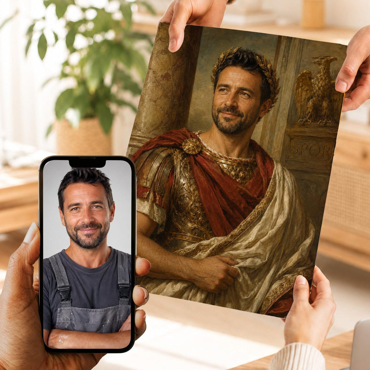 Création personnalisée : votre visage en empereur romain, couronne de laurier, cuirasse dorée, drapé rouge, imprimée en affiche (poster), livrée chez vous ; photo d'origine sur le téléphone (exemple)