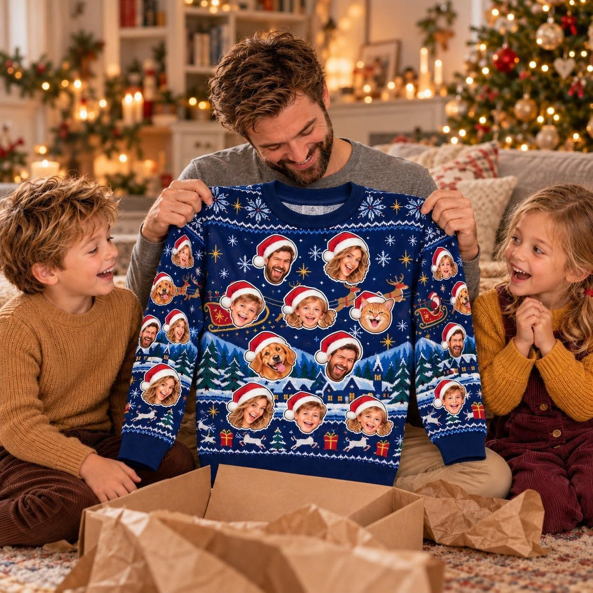 Sweat de Noël bleu nuit à visages sorti de son colis en carton, un exemple de cadeau : une photo par visage, de 1 à 8, imprimées sur tout le tissu et livrées chez vous (exemple)