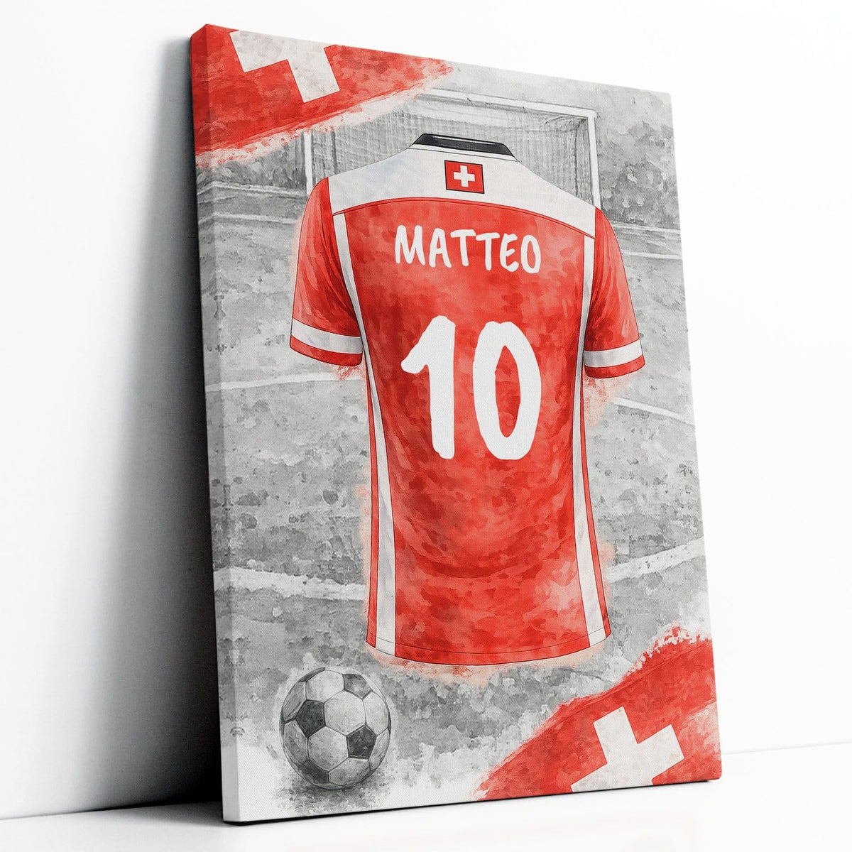 Maillot de foot de la Suisse personnalisé, rouge et blanc, façon aquarelle sur stade en noir et blanc : nom au dos et numéro, sur toile canvas tendue, livré chez vous (exemple)