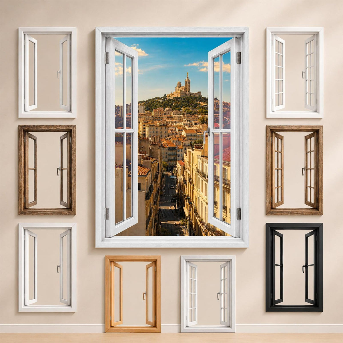 La vue sur Endoume à Marseille et les styles de fenêtre proposés pour l'encadrer : bois, PVC blanc, alu noir ou sans fenêtre, imprimée sur toile ou plexiglas puis livrée (exemple)