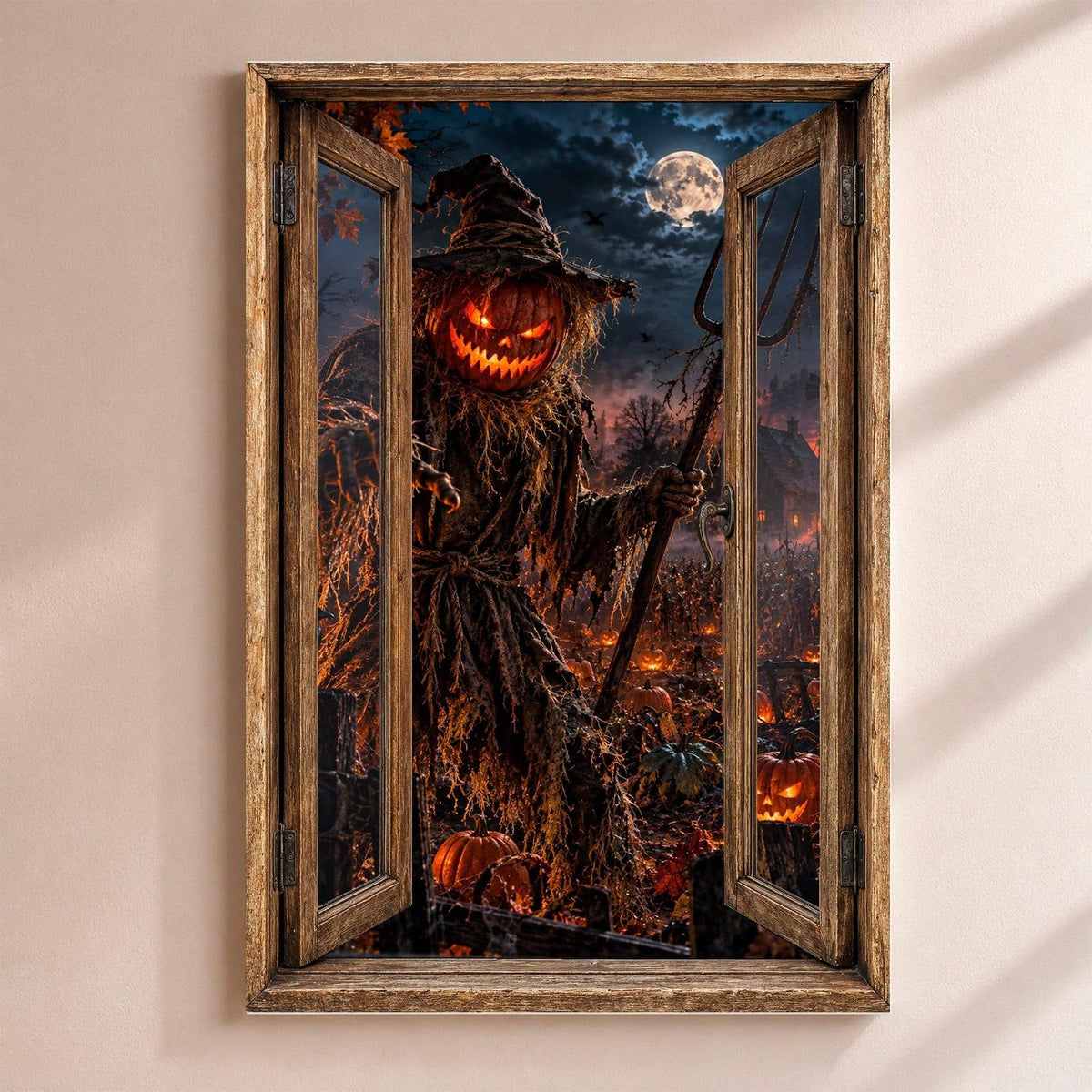 Déco Halloween en trompe-l'œil : un épouvantail à tête de citrouille grimaçante, armé d'une fourche, par une fenêtre en bois rustique, sur toile canvas tendue ou plexiglas, livrée chez vous (exemple)