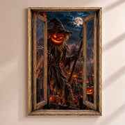 Déco Halloween en trompe-l'œil : un épouvantail à tête de citrouille grimaçante, armé d'une fourche, par une fenêtre en bois rustique, sur toile canvas tendue ou plexiglas, livrée chez vous (exemple)