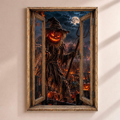 Déco Halloween en trompe-l'œil : un épouvantail à tête de citrouille grimaçante, armé d'une fourche, par une fenêtre en bois rustique, sur toile canvas tendue ou plexiglas, livrée chez vous (exemple)