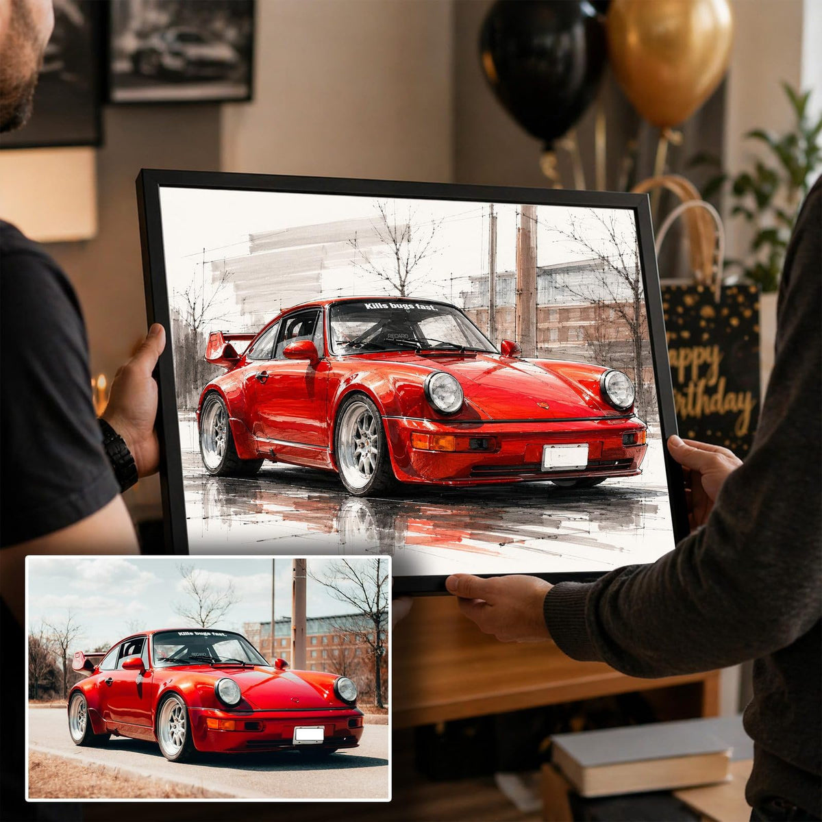 Dessin réaliste de voiture d'après votre photo, carrosserie brillante et reflets au feutre, en cadre noir, ici offert pour un anniversaire, imprimé puis livré chez vous (exemple)
