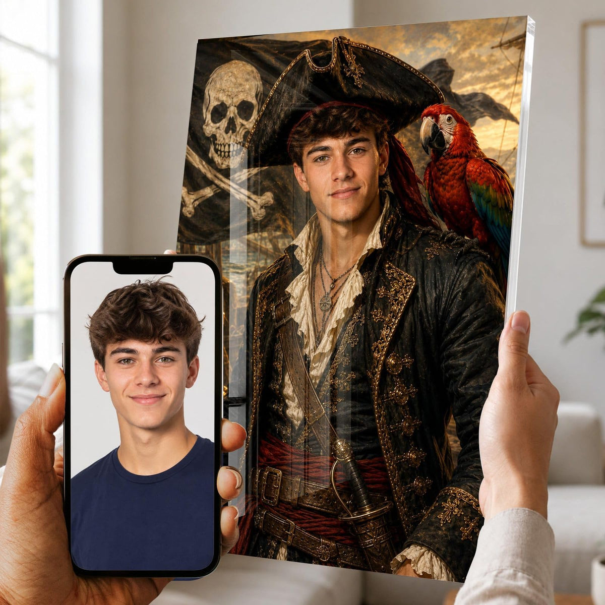 Portrait d'apparat en capitaine pirate sur plexiglas brillant : perroquet et pavillon à tête de mort, votre visage gardé d'après votre photo, imprimé puis livré chez vous (exemple)