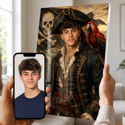 Portrait d'apparat en capitaine pirate sur plexiglas brillant : perroquet et pavillon à tête de mort, votre visage gardé d'après votre photo, imprimé puis livré chez vous (exemple)