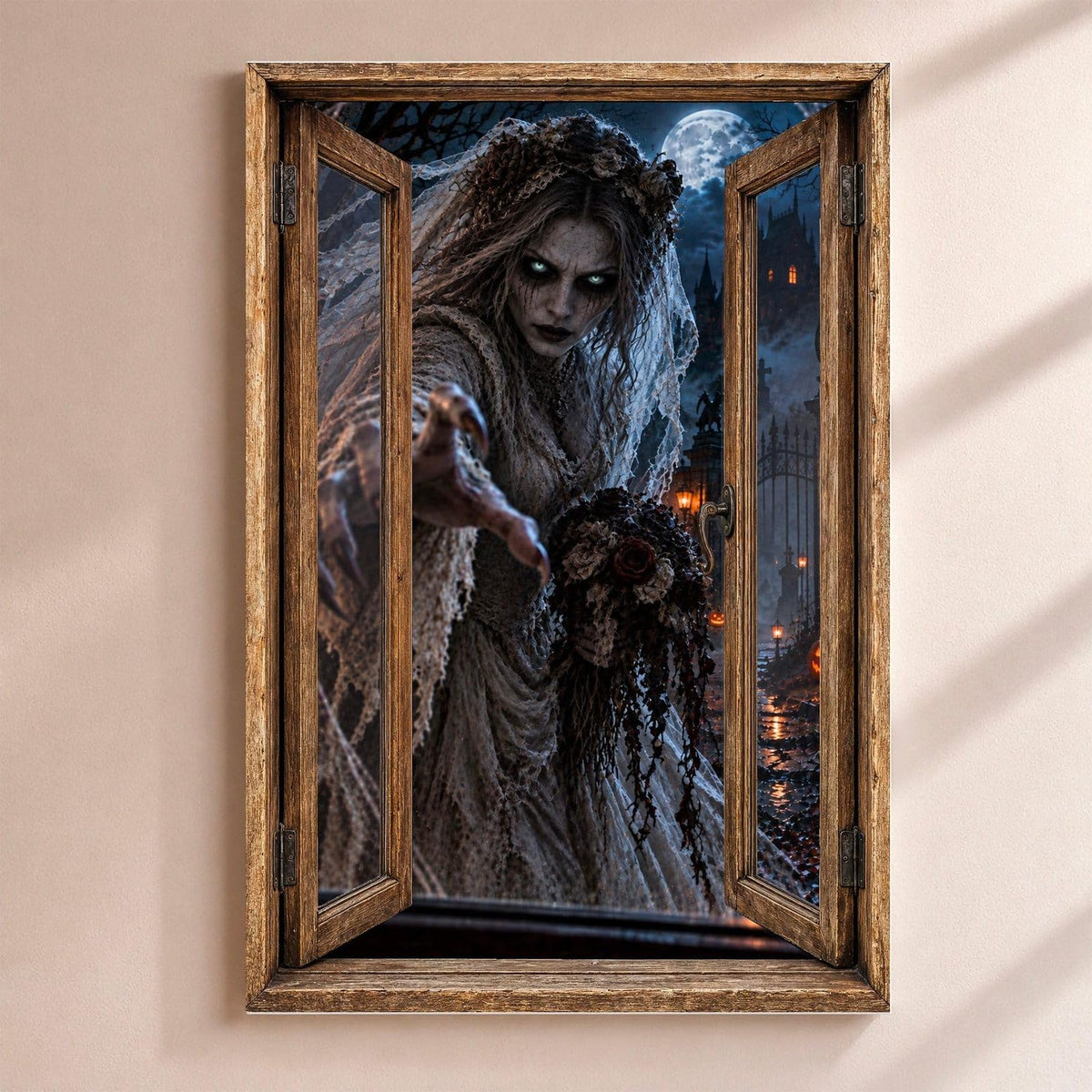Déco Halloween en trompe-l'œil : une mariée fantôme en voile, bouquet fané, qui tend la main, par une fenêtre en bois rustique, sur toile canvas tendue ou plexiglas, livrée chez vous (exemple)