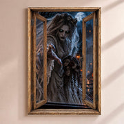 Déco Halloween en trompe-l'œil : une mariée fantôme en voile, bouquet fané, qui tend la main, par une fenêtre en bois rustique, sur toile canvas tendue ou plexiglas, livrée chez vous (exemple)