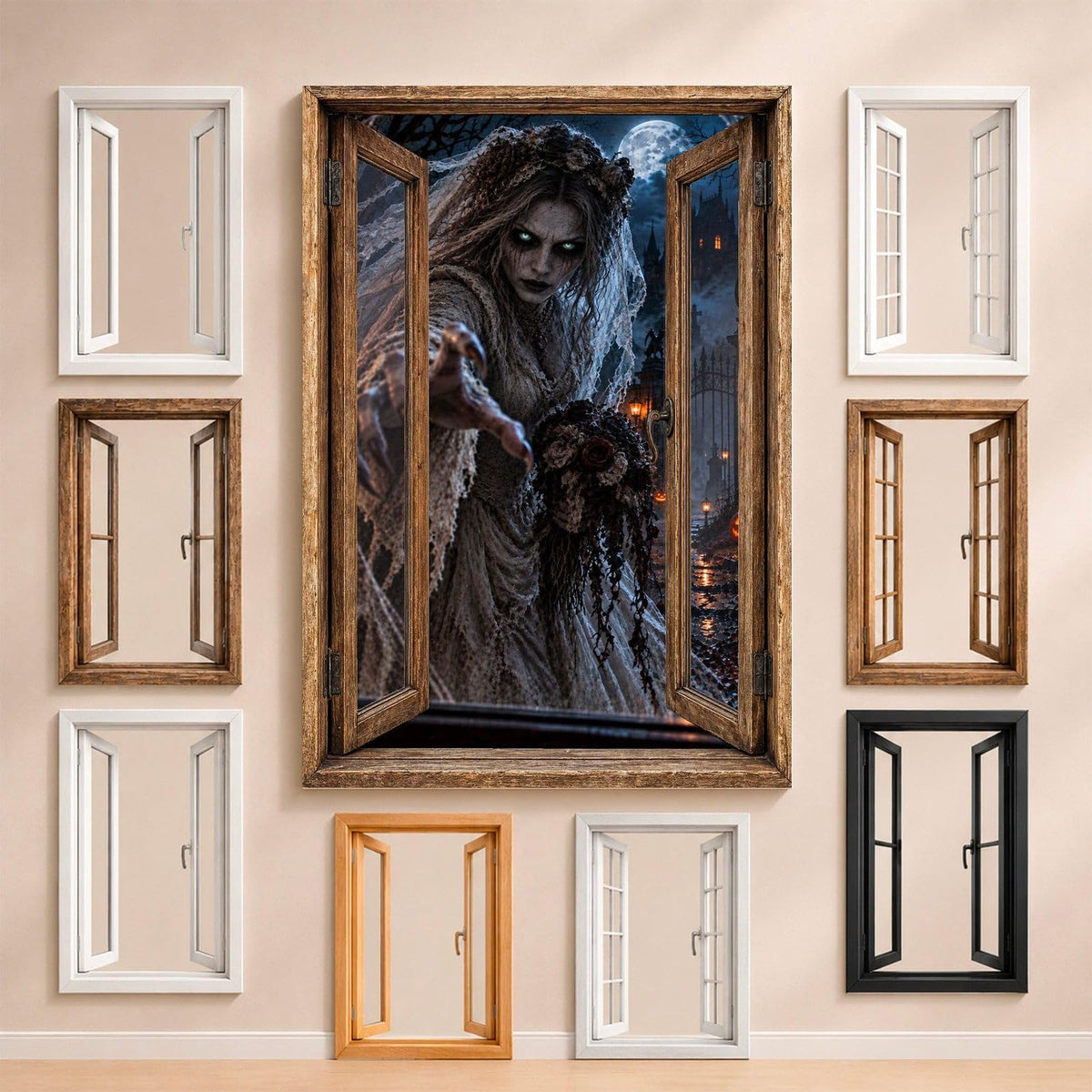La mariée fantôme au voile de dentelle et au bouquet fané, entourée des fenêtres au choix : bois, PVC blanc, à carreaux, alu noir ou sans fenêtre, décor livré sur toile ou plexiglas (exemple)