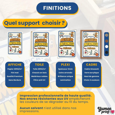 Certificat du meilleur infirmier en quatre finitions : affiche (poster), toile canvas, plexiglas ou cadre ; le cadre existe en noir, blanc, bois clair ou bois foncé, livré chez vous (exemple)