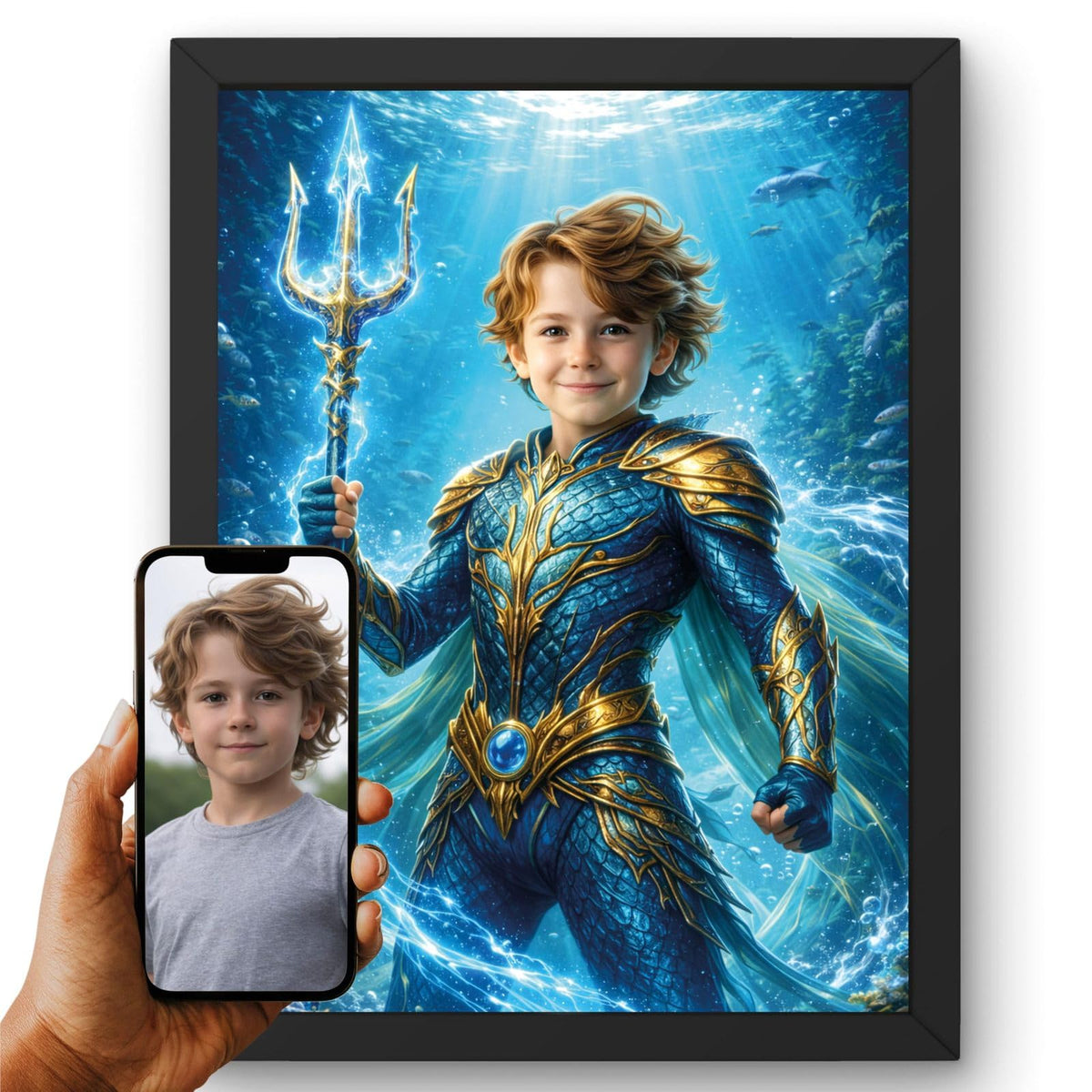 La photo de votre enfant devient un héros des océans, son visage gardé, armure bleu et or, trident, en cadre noir ; aussi en affiche (poster), toile canvas ou plexiglas, livré chez vous (exemple)