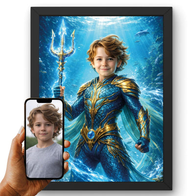 La photo de votre enfant devient un héros des océans, son visage gardé, armure bleu et or, trident, en cadre noir ; aussi en affiche (poster), toile canvas ou plexiglas, livré chez vous (exemple)