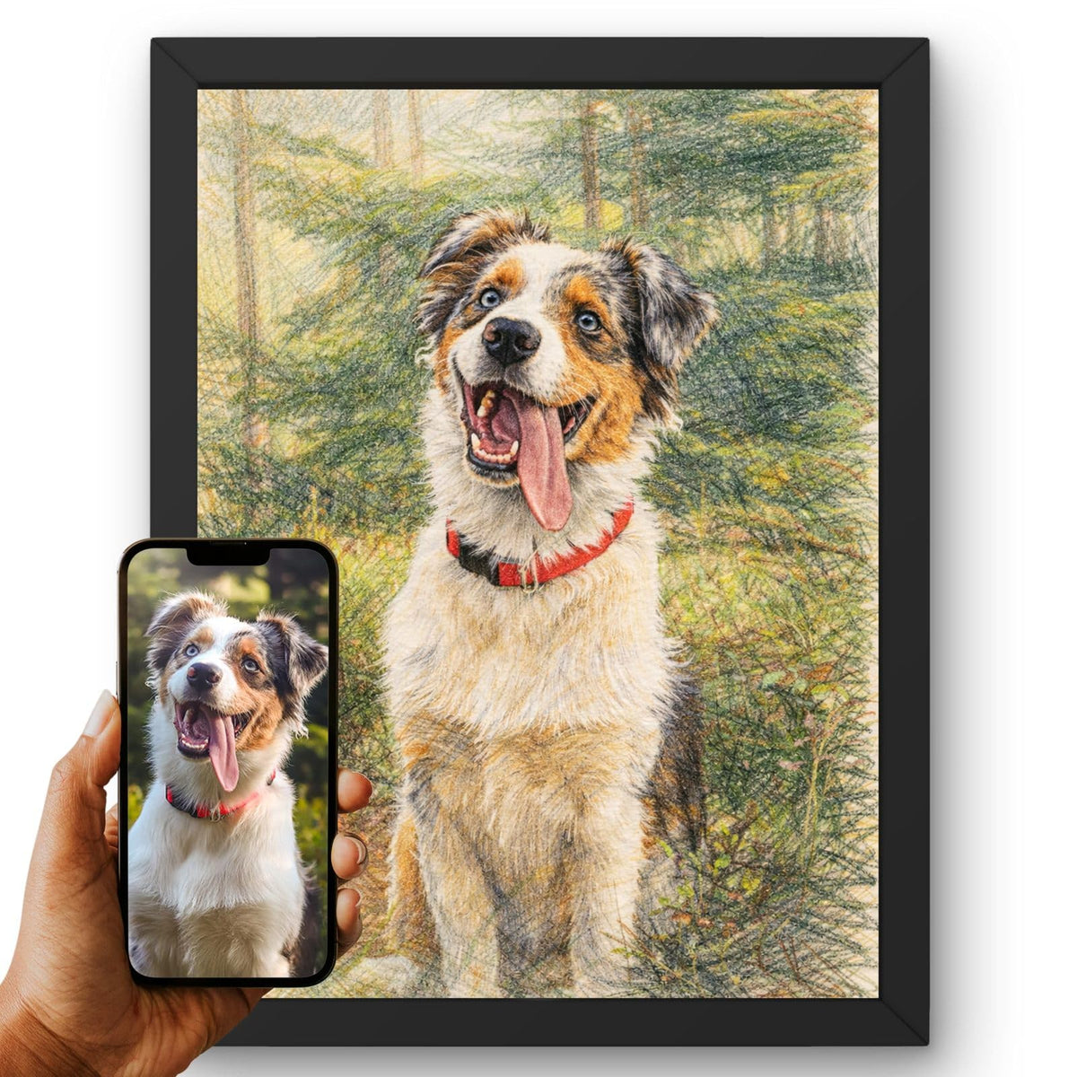 Création personnalisée : vous envoyez la photo de votre chien, elle devient un portrait au crayon de couleur, hachures fines et tons chauds, imprimé en cadre noir puis livré chez vous (exemple)
