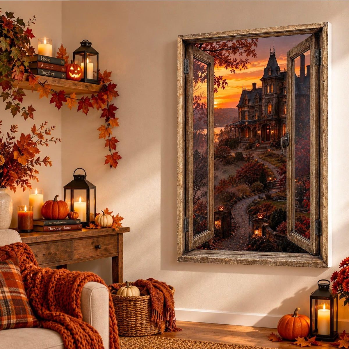 Dans un salon d'automne, la vue sur le manoir hanté et son jardin sinueux ouvre le mur en trompe-l'œil, sur toile tendue, toile premium sur châssis de 4 cm ou plexiglas, livrée (exemple)