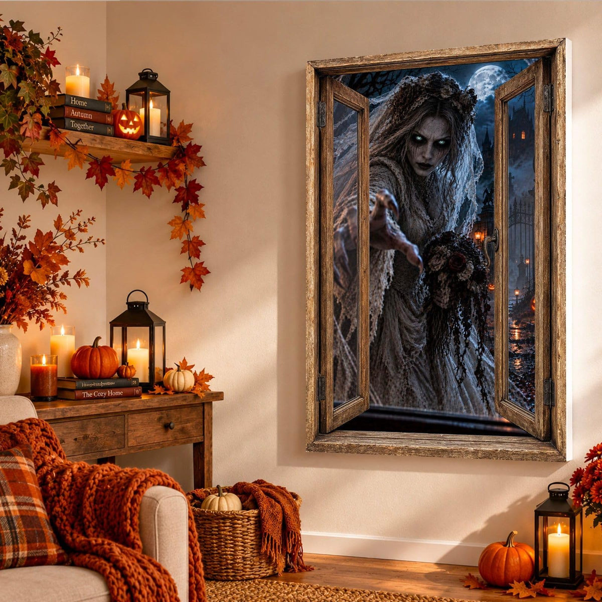 Dans un salon d'automne, la mariée fantôme aux yeux pâles tend la main hors de la fenêtre en trompe-l'œil, sur toile tendue, toile premium sur châssis de 4 cm ou plexiglas, décor livré (exemple)