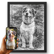 Création personnalisée : vous envoyez la photo de votre chien, elle devient un portrait au crayon gris, traits de graphite et ombres nuancées, imprimé en cadre noir puis livré chez vous (exemple)