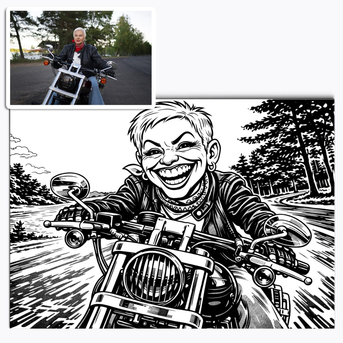 Caricature noir et blanc d'après votre photo, sourire géant et hachures façon caricaturiste de rue, imprimée en affiche (poster) au format paysage puis livrée chez vous (exemple)