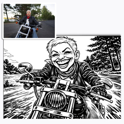 Caricature noir et blanc d'après votre photo, sourire géant et hachures façon caricaturiste de rue, imprimée en affiche (poster) au format paysage puis livrée chez vous (exemple)