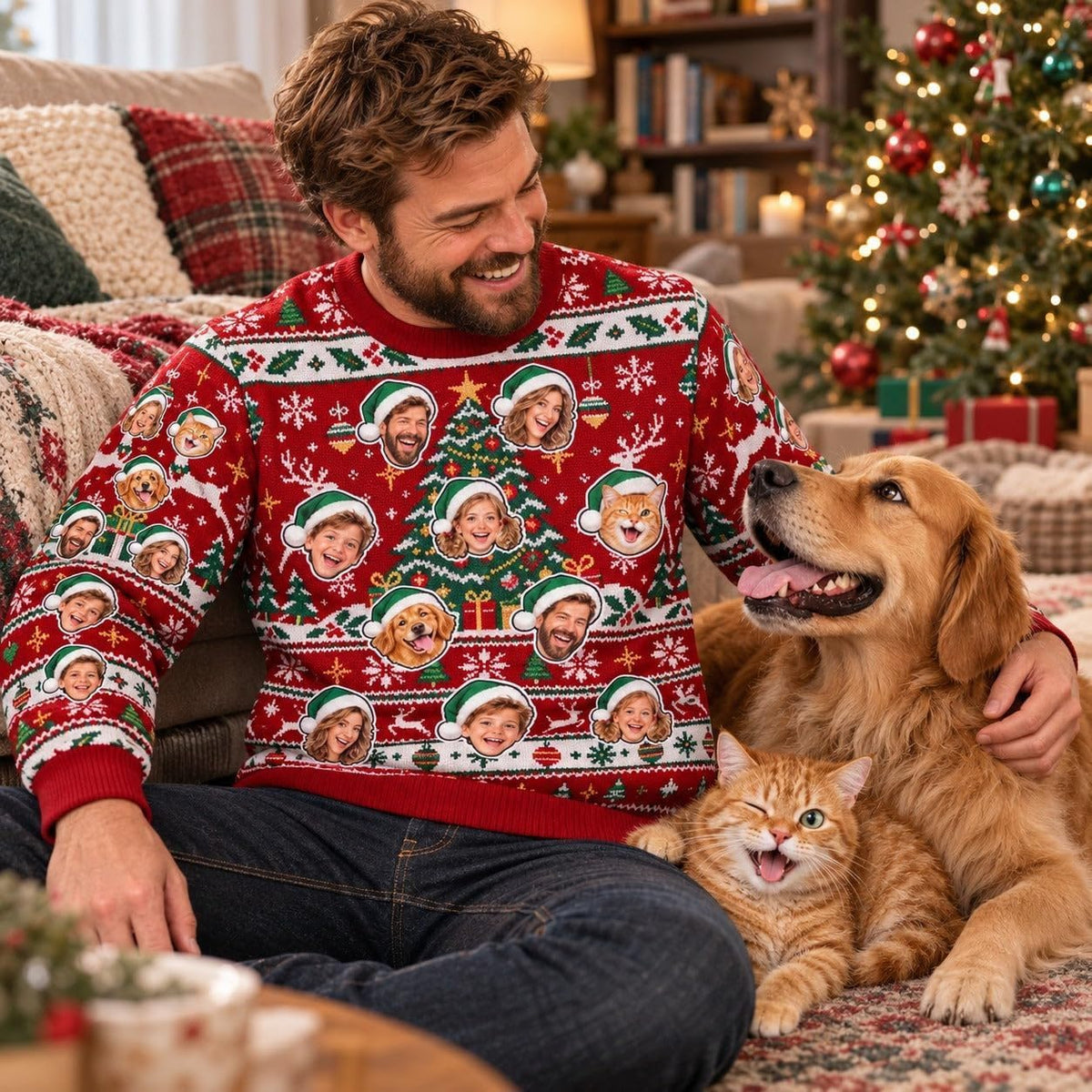 Sweat de Noël rouge personnalisé porté avec un chien et un chat : les animaux aussi peuvent figurer, une photo par visage, répétés sur le devant et les manches, livré chez vous (exemple)