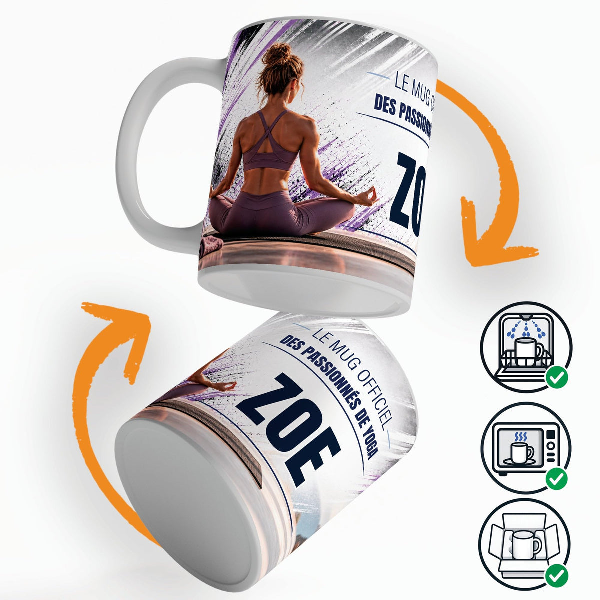 Mug yoga vu sous deux angles, prénom et texte au choix ; compatible lave-vaisselle et micro-ondes, expédié calé dans une boîte en carton jusque chez vous (exemple)