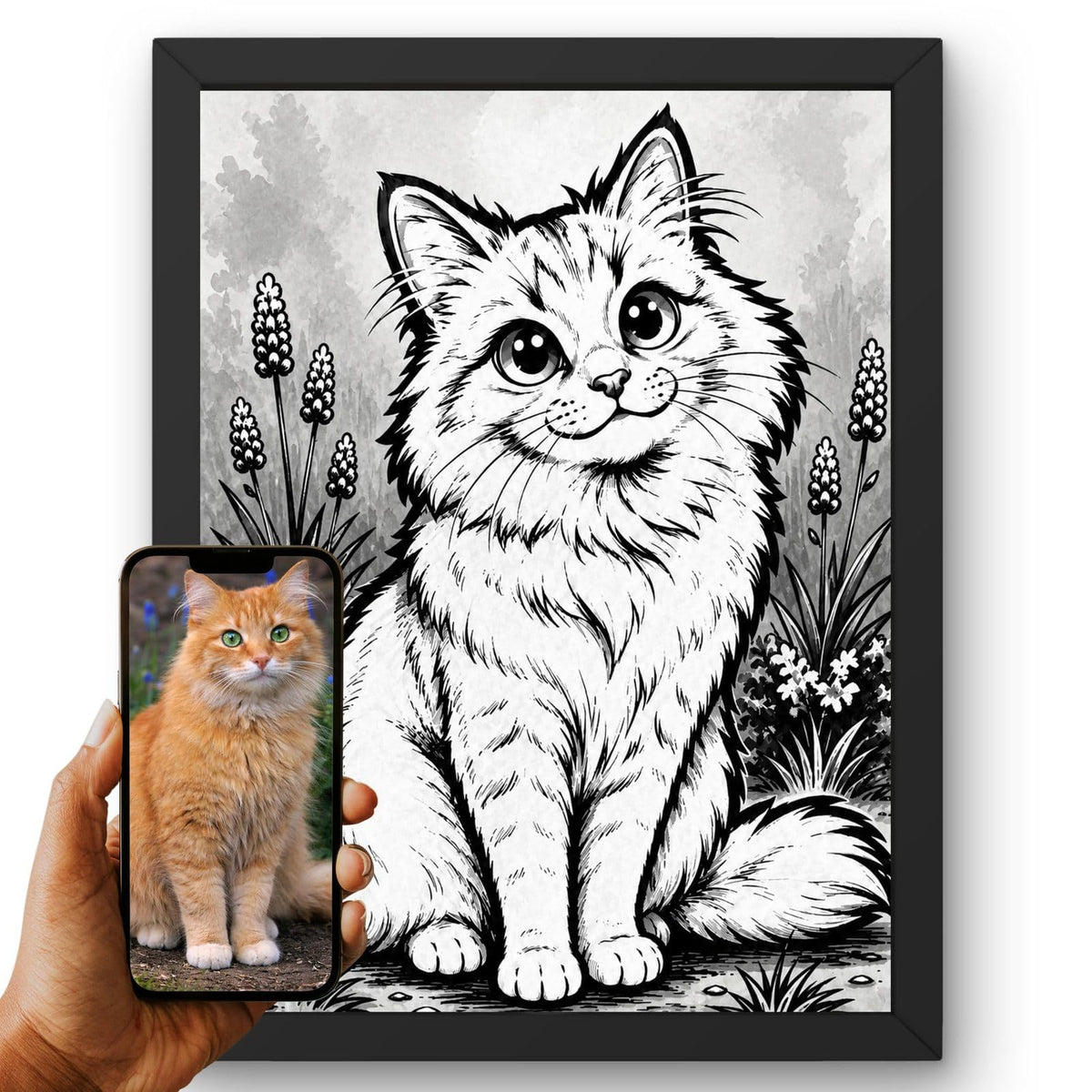 Création personnalisée : la photo de votre chat devient un portrait caricature noir et blanc, façon caricaturiste de rue, encre épaisse, imprimé en cadre noir et livré chez vous (exemple)