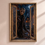 Déco Halloween en trompe-l'œil : un tueur masqué qui rôde la nuit devant des chalets éclairés dans la forêt, par une fenêtre en bois rustique, sur toile canvas ou plexiglas, livrée chez vous (exemple)