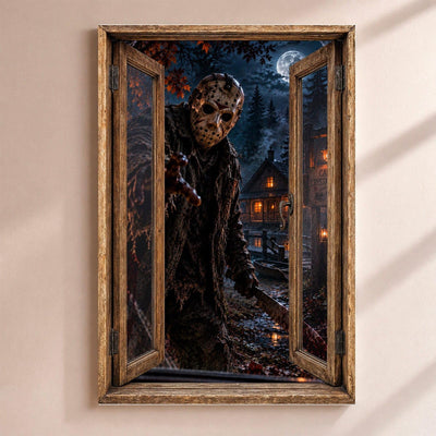 Déco Halloween en trompe-l'œil : un tueur masqué qui rôde la nuit devant des chalets éclairés dans la forêt, par une fenêtre en bois rustique, sur toile canvas ou plexiglas, livrée chez vous (exemple)
