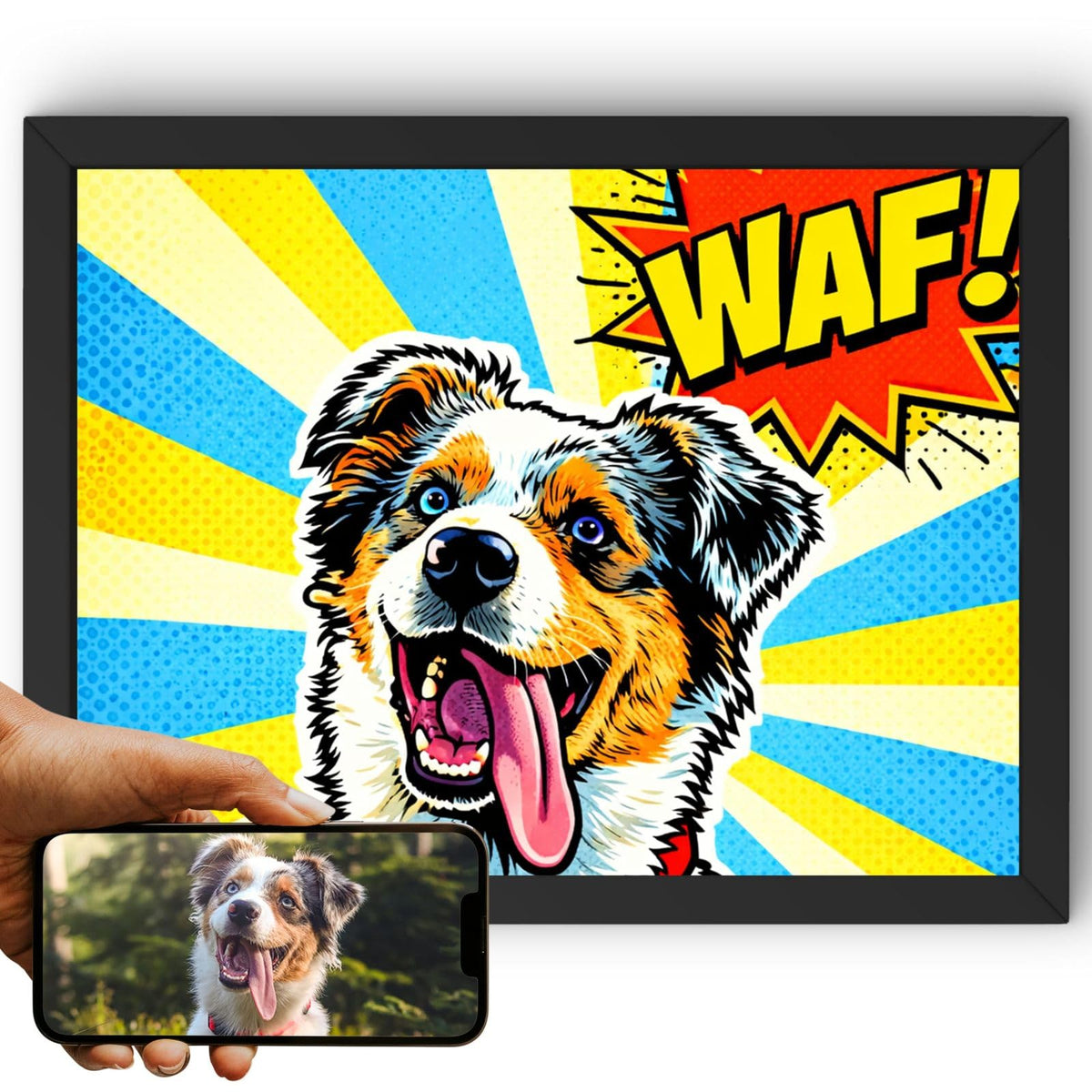 Création personnalisée : la photo de votre chien devient un portrait pop art en format paysage, rayons jaunes et bleus, trame de points, imprimé en cadre noir et livré chez vous (exemple)