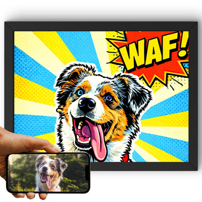 Création personnalisée : la photo de votre chien devient un portrait pop art en format paysage, rayons jaunes et bleus, trame de points, imprimé en cadre noir et livré chez vous (exemple)