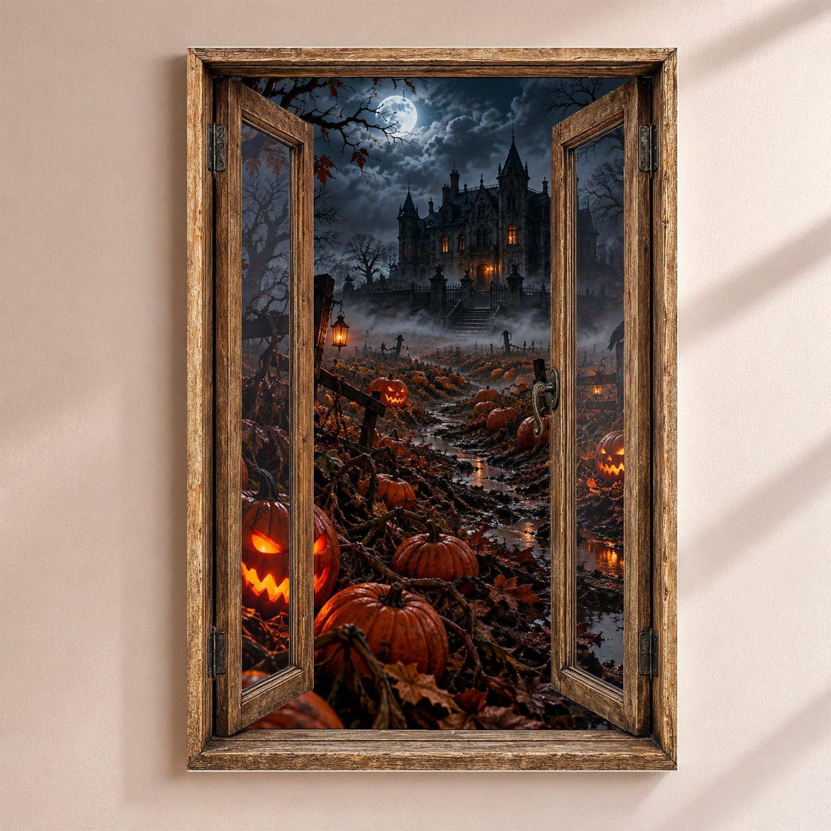 Déco Halloween en trompe-l'œil : un champ de citrouilles sculptées sous la lune, un manoir au loin, par une fenêtre en bois rustique, sur toile canvas tendue ou plexiglas, livrée chez vous (exemple)