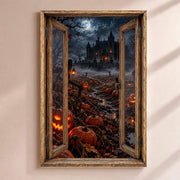 Déco Halloween en trompe-l'œil : un champ de citrouilles sculptées sous la lune, un manoir au loin, par une fenêtre en bois rustique, sur toile canvas tendue ou plexiglas, livrée chez vous (exemple)