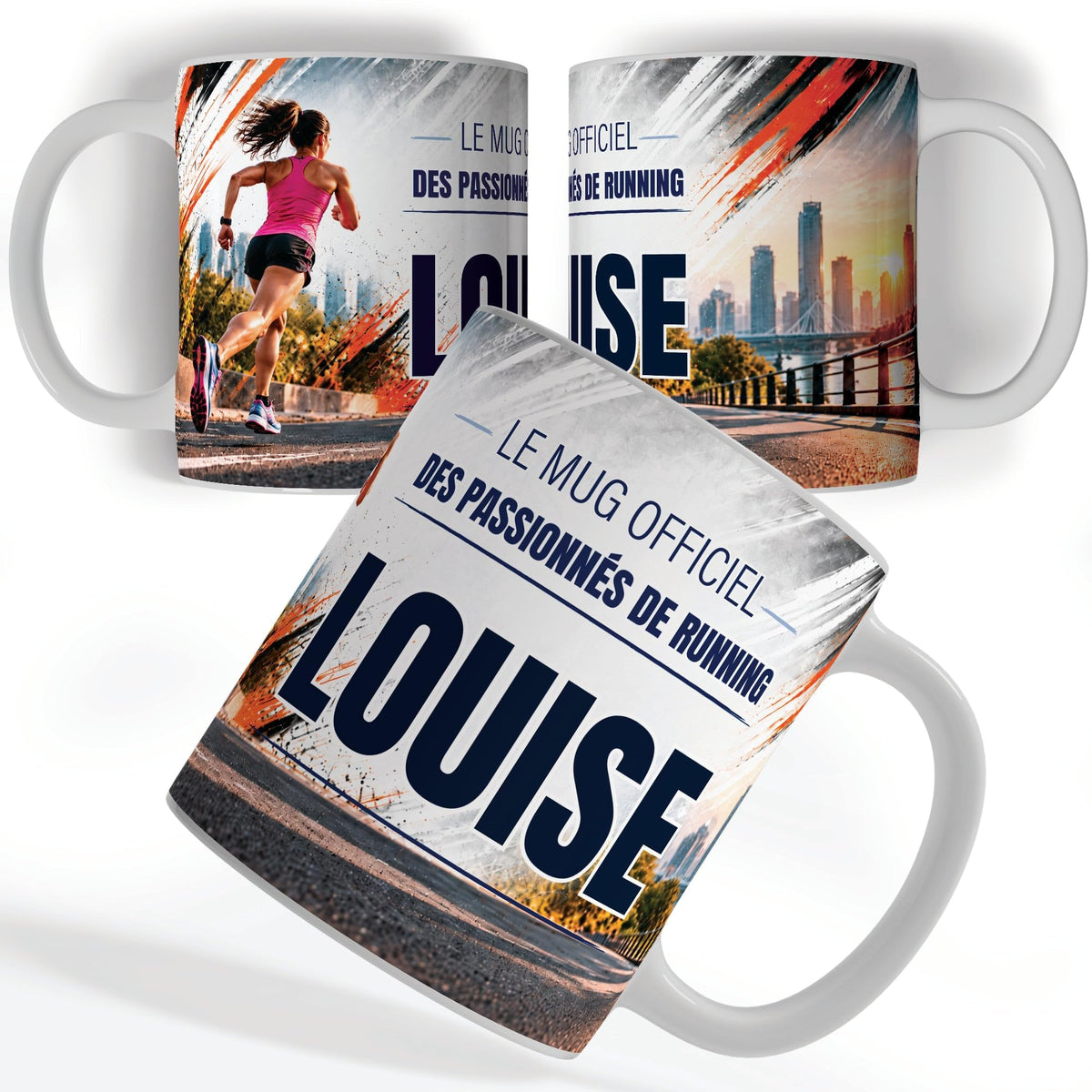 Mug running femme vu de face et de dos : coureuse sur les quais, « Le mug officiel des passionnés de running » et votre prénom, imprimés sur céramique blanche et livrés chez vous (exemple)