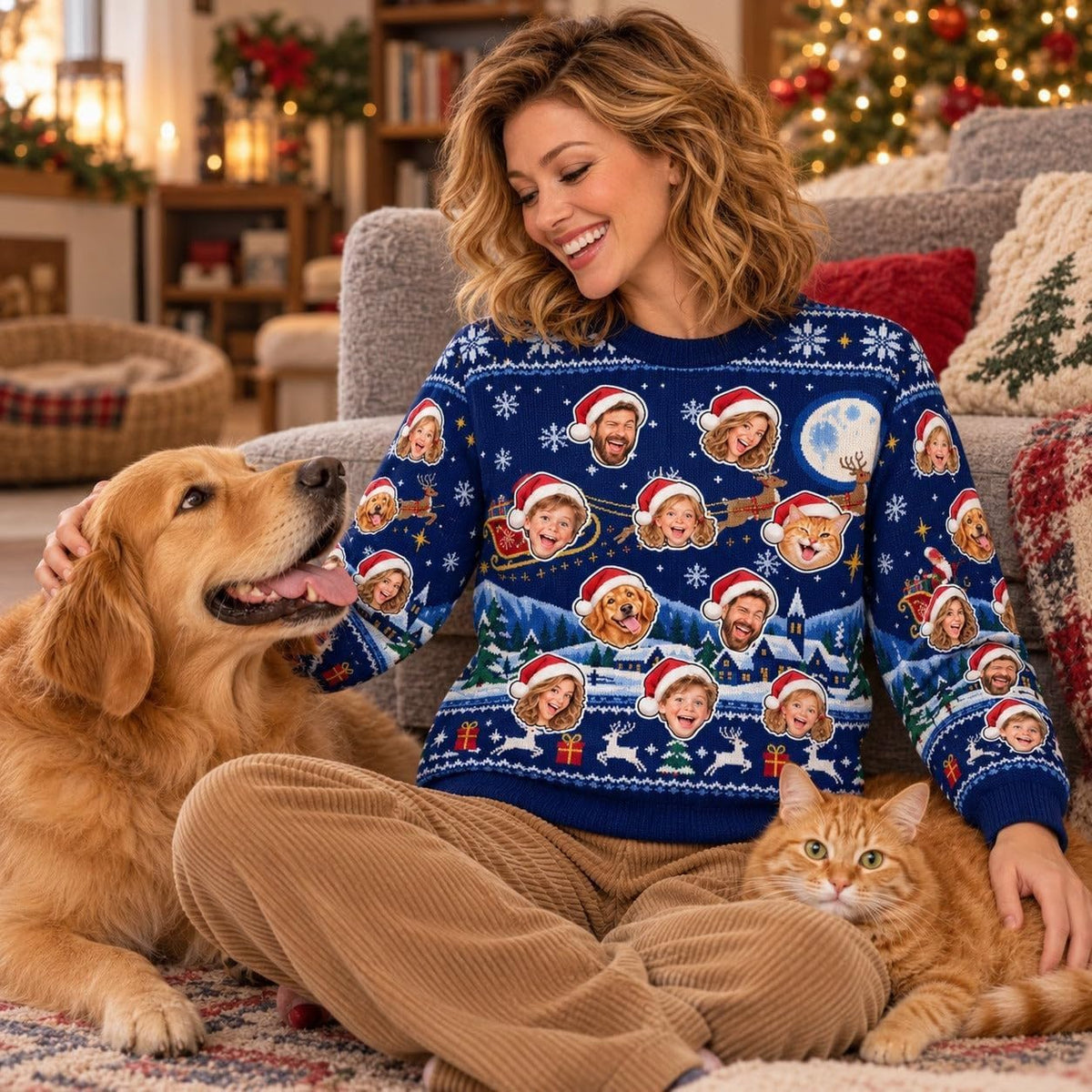 Sweat de Noël bleu nuit personnalisé porté avec un chien et un chat : les animaux aussi peuvent figurer, une photo par visage, répétés sur le devant et les manches, livré chez vous (exemple)