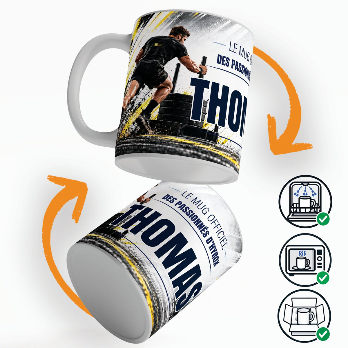 Mug façon Hyrox personnalisé qui tourne sur lui-même, avec trois pictogrammes : lave-vaisselle, micro-ondes et mug calé dans son emballage pour la livraison chez vous (exemple)