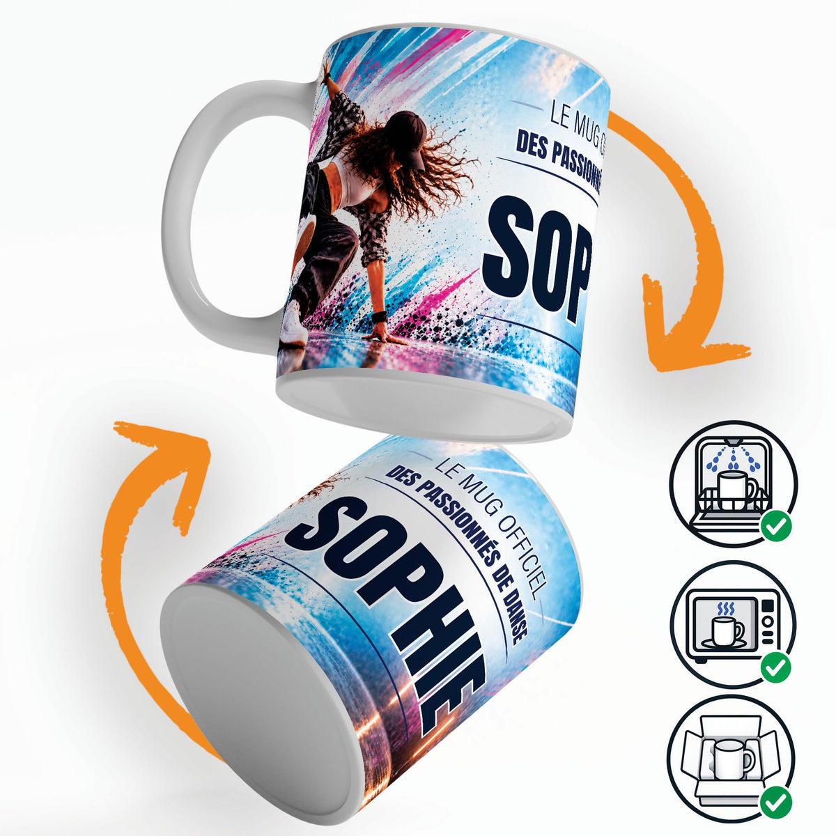 Mug danse urbaine personnalisé qui tourne sur lui-même, avec trois pictogrammes : lave-vaisselle, micro-ondes et mug calé dans son emballage pour la livraison chez vous (exemple)