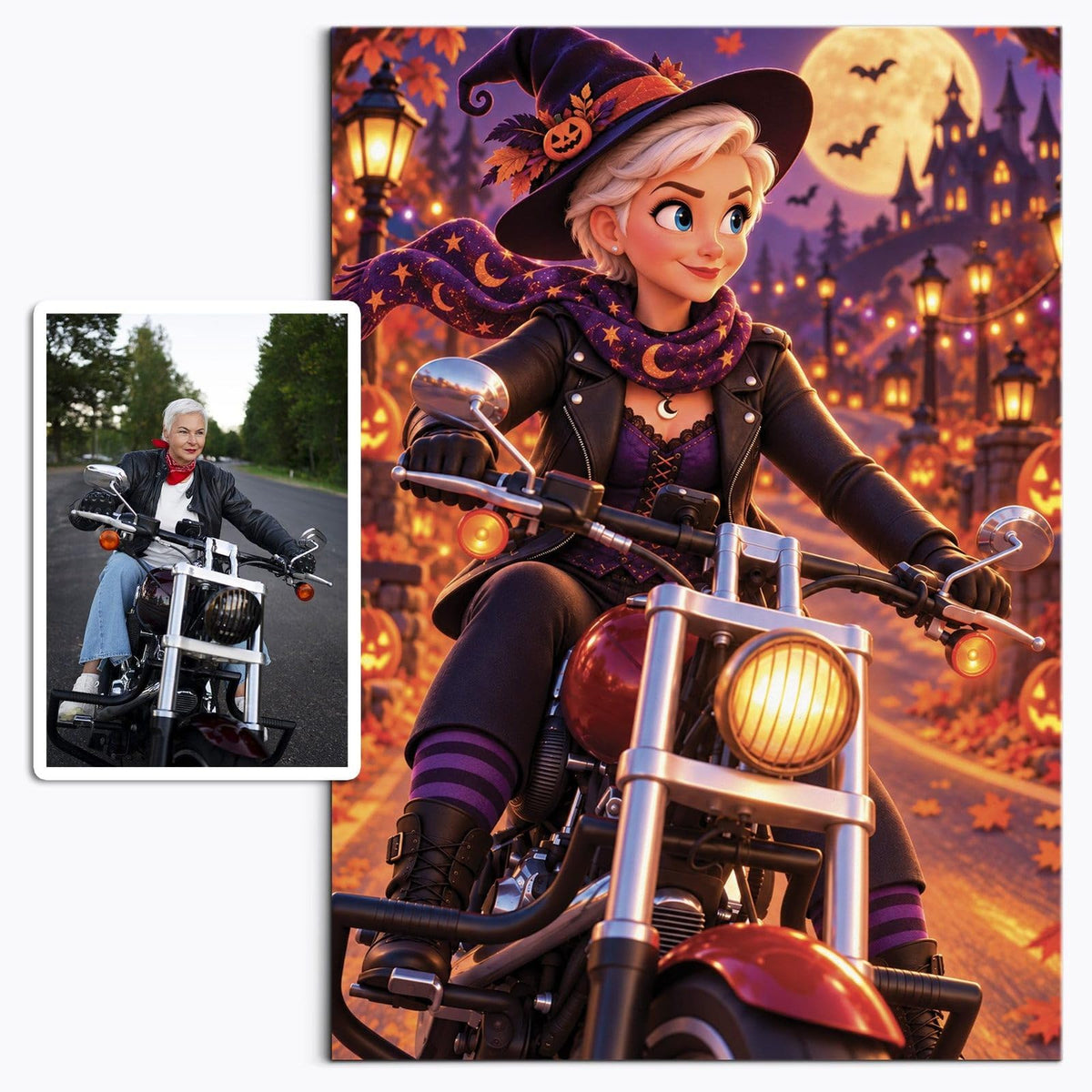 La photo d'origine en vignette et sa version Halloween en animation 3D, chapeau de sorcière et feuilles d'automne, imprimée en affiche (poster) verticale, livrée chez vous (exemple)