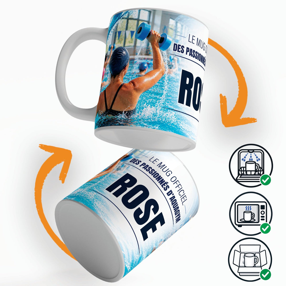 Mug aquagym personnalisé qui tourne sur lui-même, avec trois pictogrammes : lave-vaisselle, micro-ondes et mug calé dans son emballage pour la livraison chez vous (exemple)