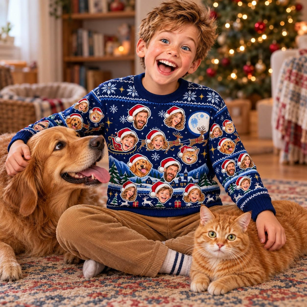 Sweat de Noël enfant bleu nuit porté avec un chien et un chat : les animaux de la maison peuvent aussi y figurer, une photo par visage, imprimé et livré chez vous (exemple)