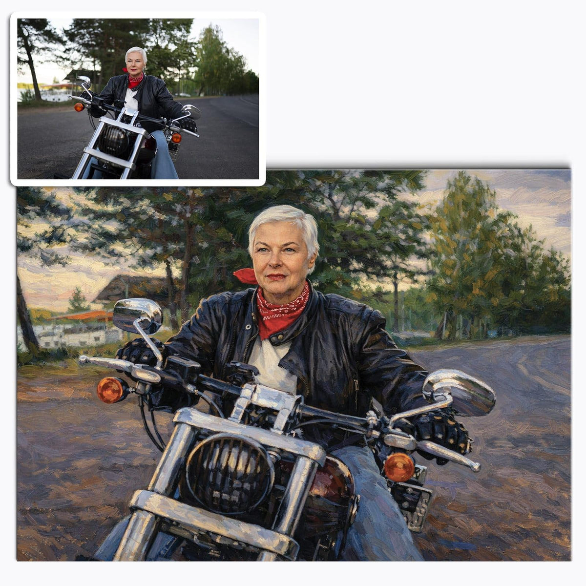 Votre photo transformée en portrait à la peinture à l'huile au format paysage, empâtements et ciel nuancé, imprimé en affiche (poster) et livré chez vous (exemple)