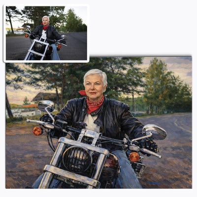 Votre photo transformée en portrait à la peinture à l'huile au format paysage, empâtements et ciel nuancé, imprimé en affiche (poster) et livré chez vous (exemple)