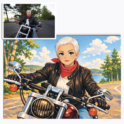 Portrait style manga d'après votre photo, décor de ciel et de pins aux couleurs franches, imprimé en affiche (poster) au format paysage et livré chez vous (exemple)
