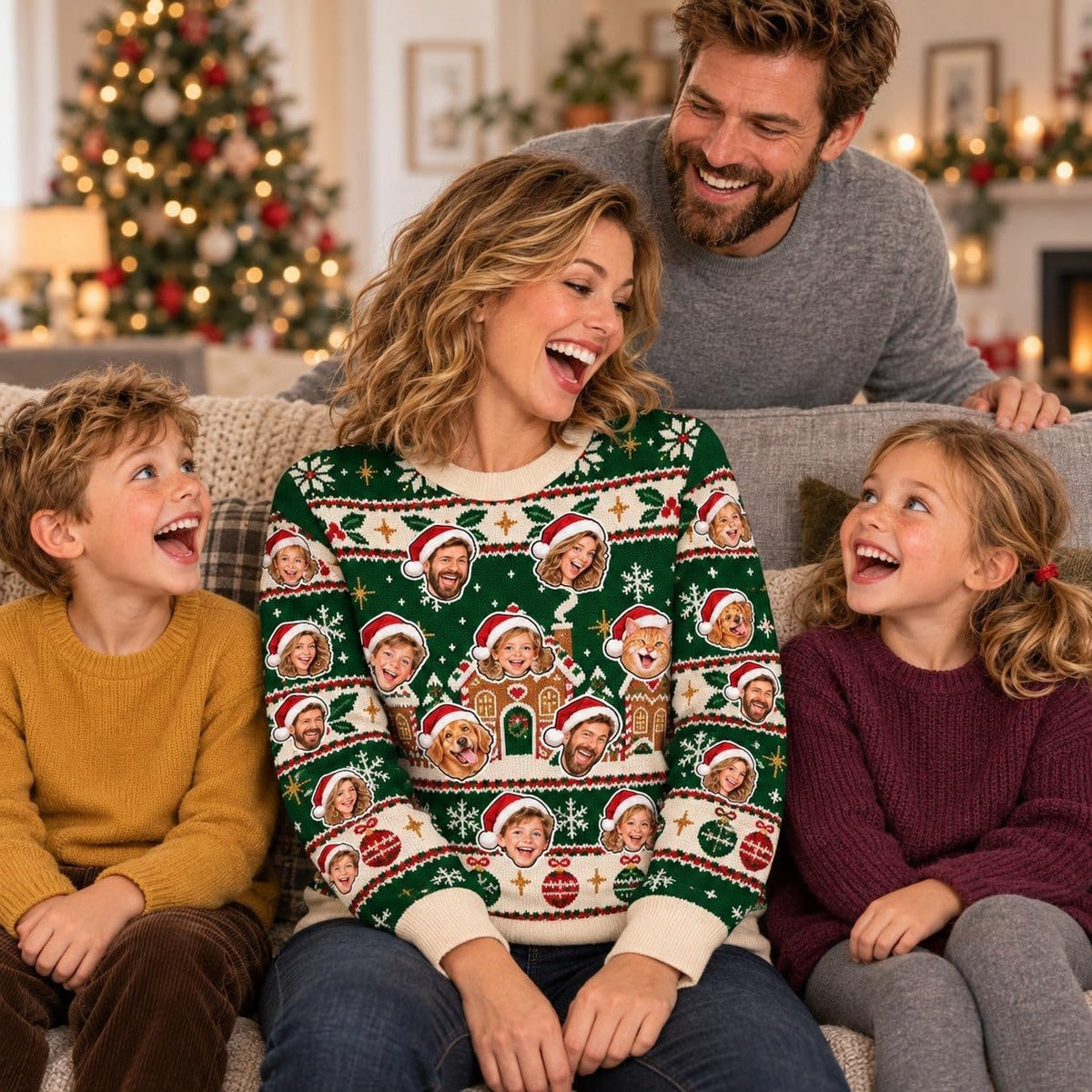 Sweat de Noël vert sapin à visages porté au salon près du sapin, un exemple pour les fêtes : de 1 à 8 visages, une photo par personne ou animal, imprimé et livré chez vous (exemple)