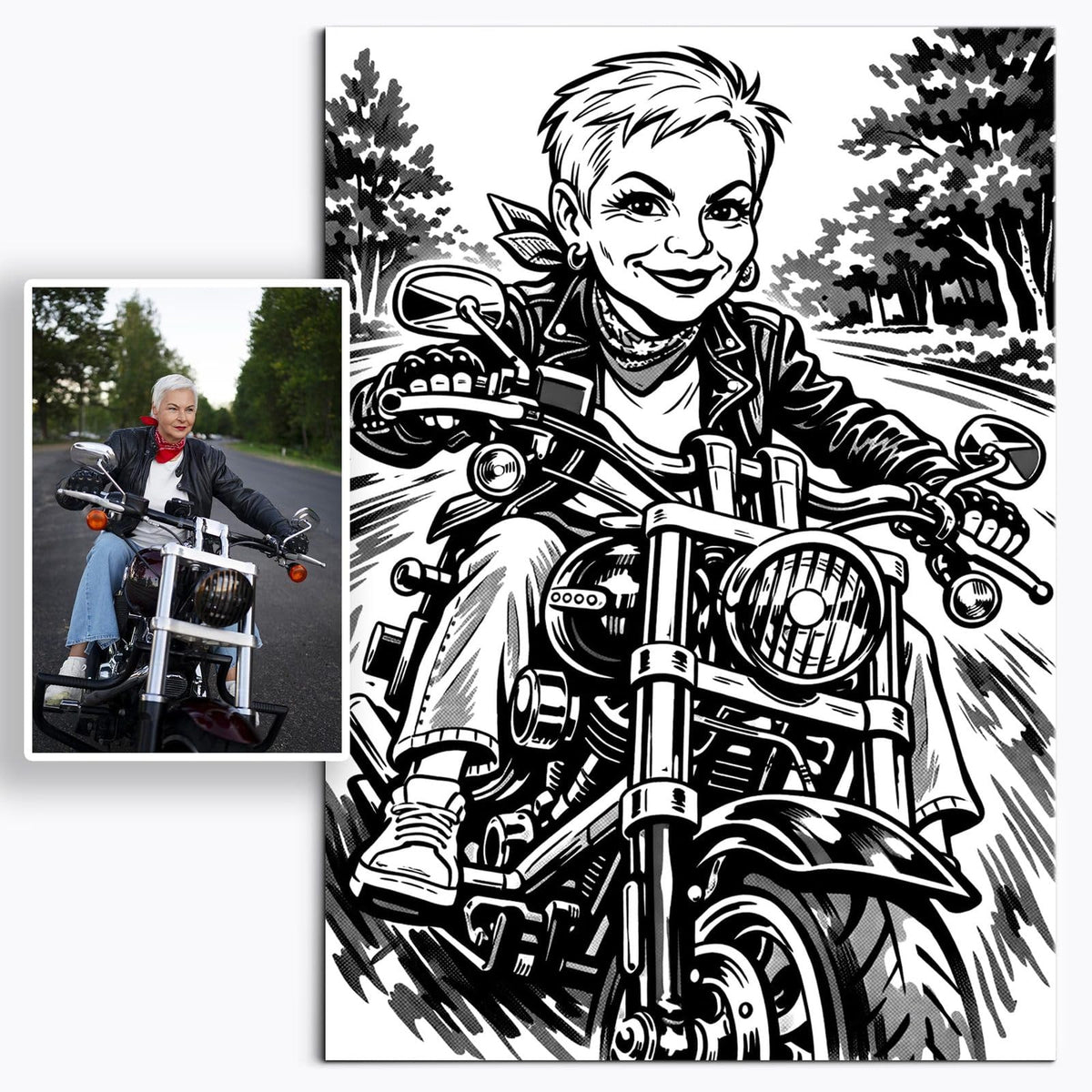 Caricature noir et blanc d'après votre photo, hachures et traits exagérés façon caricaturiste de rue, imprimée en affiche (poster) et livrée chez vous ; photo d'origine à côté (exemple)