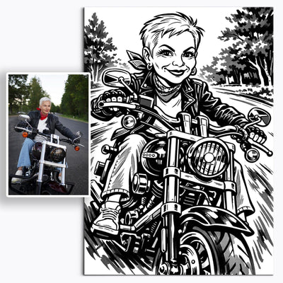 Caricature noir et blanc d'après votre photo, hachures et traits exagérés façon caricaturiste de rue, imprimée en affiche (poster) et livrée chez vous ; photo d'origine à côté (exemple)