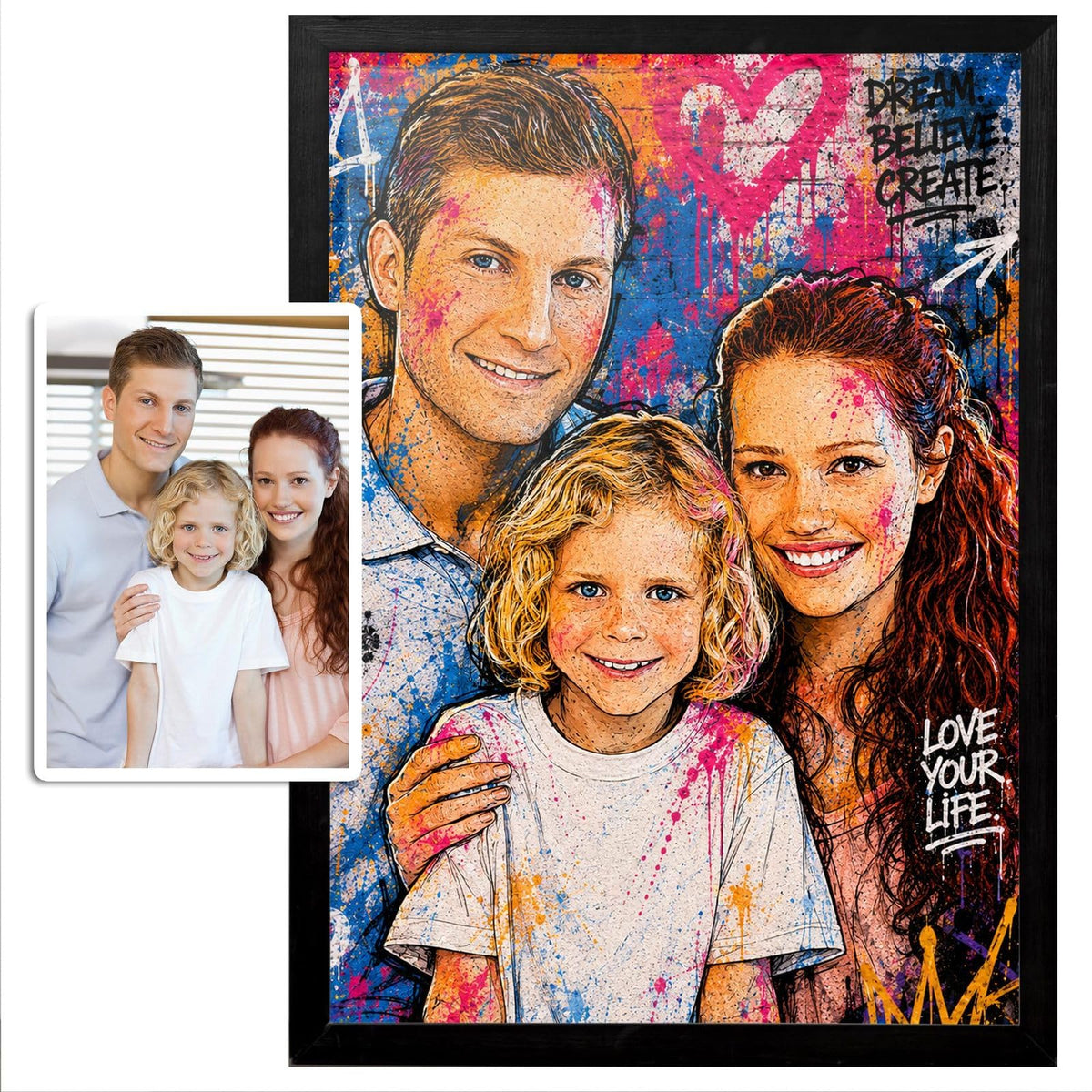 Portrait street art graffiti d'après votre photo, graffitis colorés et mots tagués, présenté en cadre noir à côté de la photo d'origine, puis livré chez vous (exemple)